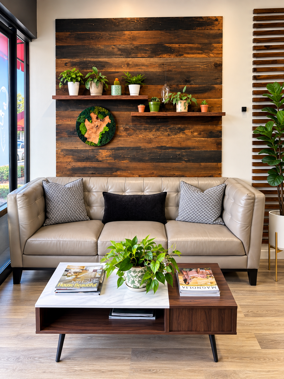 Hollywood 2U salon lounge with wood wall and coffee table